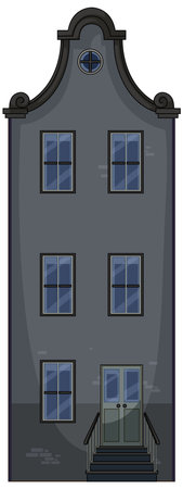 Stylized Dutch canal house, dark color palette, flat vector style, symmetrical front elevationのイラスト素材