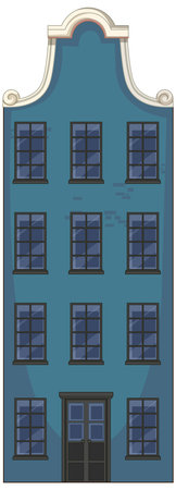 Flat vector of blue Dutch canal house with ornate gable, large windows, and symmetrical designのイラスト素材