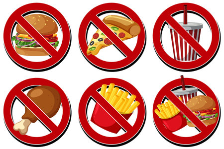 Flat vector of fast food items in red prohibition signs, bold colors, isolated on white.のイラスト素材