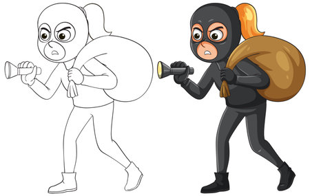 Cartoon vector of masked female thief sneaking with flashlight and loot bag, colored and outlineのイラスト素材