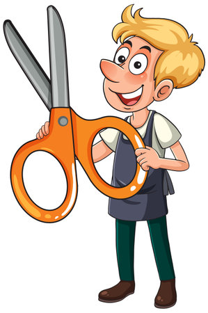 Blond cartoon barber in apron holding giant orange scissors, cheerful expression, white backgroundのイラスト素材