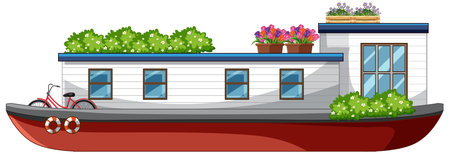Colorful vector houseboat with rooftop plants, potted flowers, bicycle, and large windows, side viewのイラスト素材