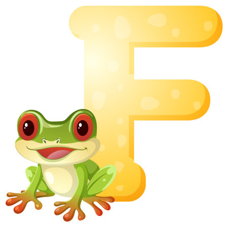 Bright vector illustration of a green frog with big eyes beside a bold yellow "F".のイラスト素材