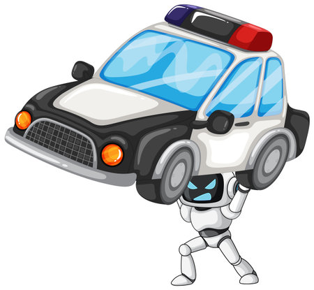 Futuristic robot lifts police car overhead, cartoon vector, bold outlines, bright colors, isolatedのイラスト素材