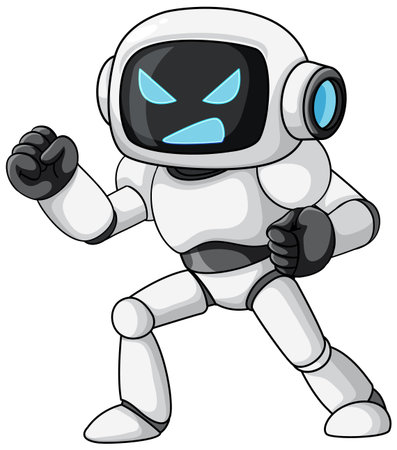 White cartoon robot stands ready to fight, bold lines, flat colors, isolated on whiteのイラスト素材