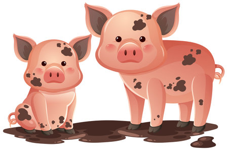Cartoon-style piglets with brown spots, rosy cheeks, and mud, isolated on white backgroundのイラスト素材