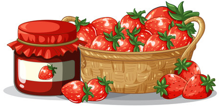 Vector illustration of ripe strawberries in a basket beside a glass jar of jamのイラスト素材
