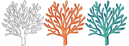 Three coral branch variations including black outline, orange, and teal colors on white backgroundのイラスト素材