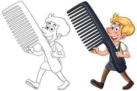 Smiling cartoon barber boy holding giant black comb, vector illustration with outlined version includedのイラスト素材