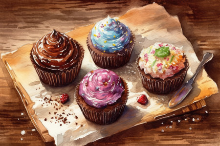 Photo Five chocolate cupcakes decorated with colorful frostingの素材