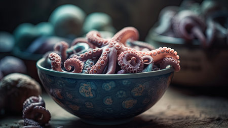 Photo A surreal and dreamlike of a bowl filled with octopusの素材