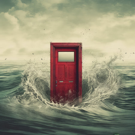 Photo illustration red door in the middle of the sea isolatedの素材