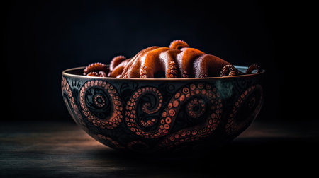 Photo An abstract and artistic of a bowl filled with octopusの素材