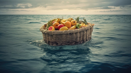 Basket of fresh fruit in the seaの素材