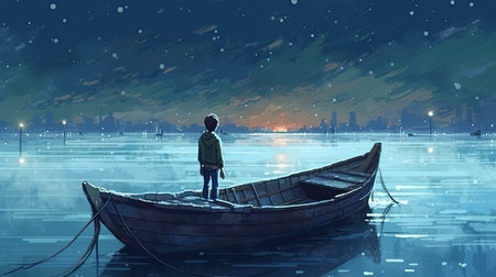 Fantasy image of a boy in a boat on the background of the night cityの素材