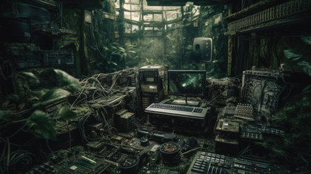 illustration of an abandoned computer room with a lot of electronic componentsの素材