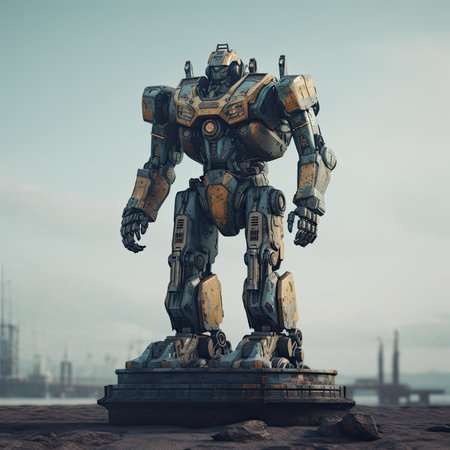 Vintage robot on the background of oil refineryの素材