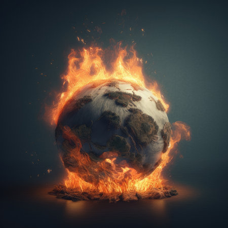 Global warming concept Earth burning in fireの素材