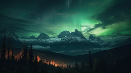 Aurora brollies in the night sky over the mountainsの素材