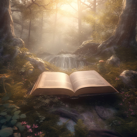 Magical forest landscape with magic book and waterfall in the forestの素材