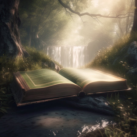 Open book in the forest with a waterfall on the backgroundの素材