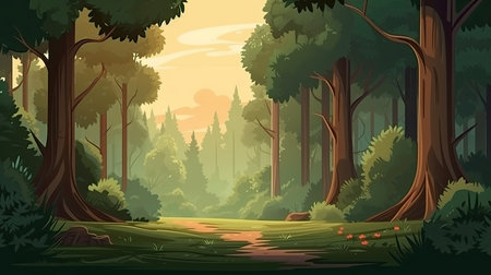 Forest landscape with trees and stream at sunsetの素材