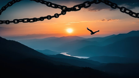 Silhouette of a bird on a chain against the background of a beautiful sunsetの素材