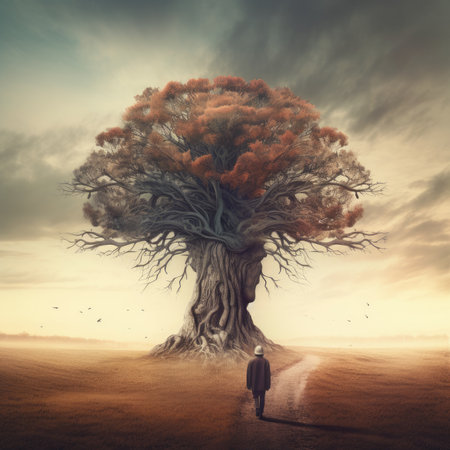 Man walking in the middle of a field with a big tree in the backgroundの素材