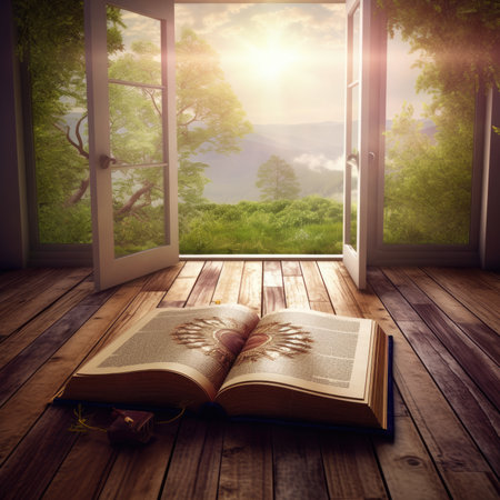 Open book on a wooden floor with a view of the mountain landscapeの素材
