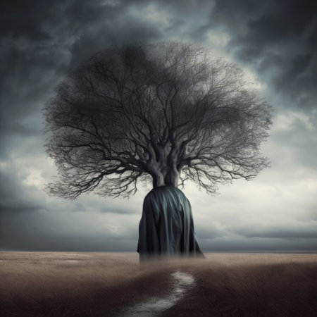 Conceptual image with old tree and black man in fantasy landscapeの素材