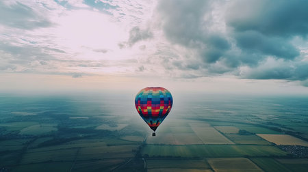 Colorful hot air balloon flying in the sky over the fieldの素材