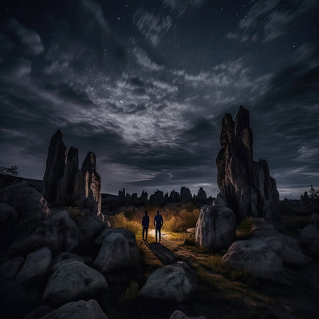 Man and woman standing on a stone path in the forest at nightの素材
