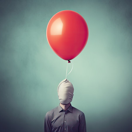 Young man with red balloon instead of head concept on gray wall backgroundの素材