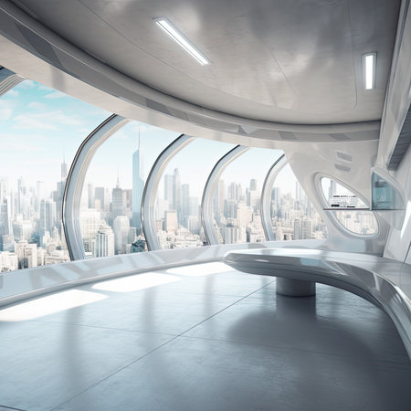 interior of modern office building with skyscrapers on the backgroundの素材