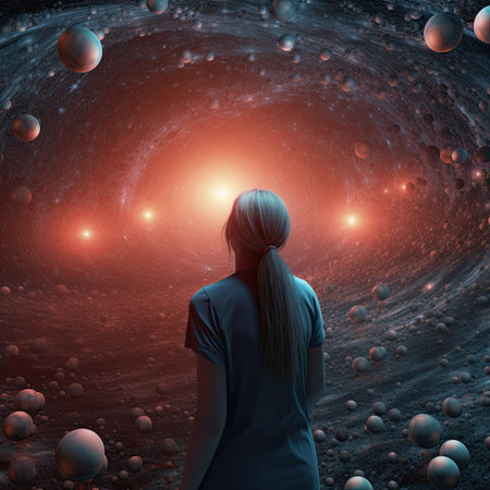 illustration of a girl in a blue dress looking at the universeの素材