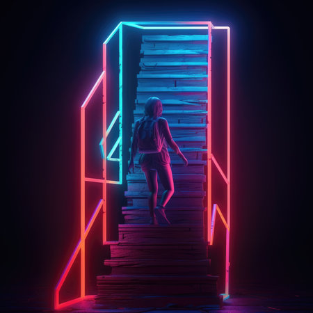 Young woman with backpack standing on stairs in neon lightの素材