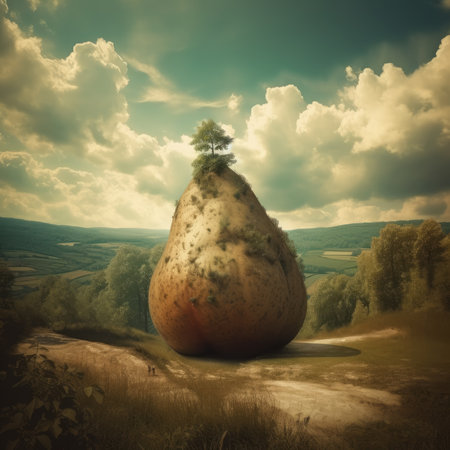 illustration of a tree growing from a pear on a hillの素材