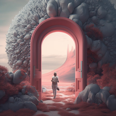Woman standing in front of an open door in a surreal landscapeの素材