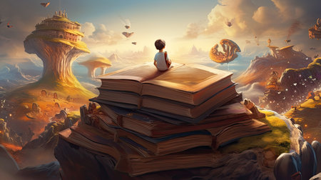 Girl sitting on a book in the cloudsの素材