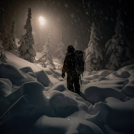 Hiker in the Carpathian mountains at night with snowfallの素材