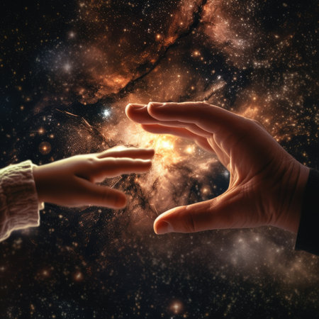 Hands of a child and a woman touching each other in galaxyの素材
