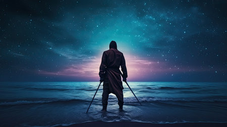 Mysterious man with crutches in the sea at nightの素材