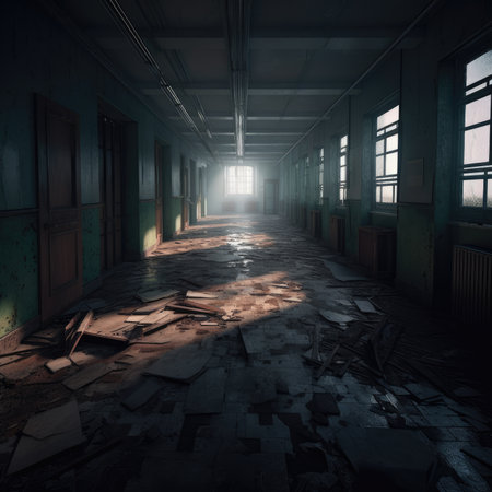 Abandoned factory corridor with light coming through the windowの素材