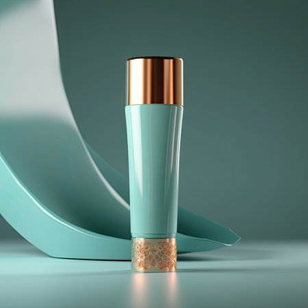 Cosmetic bottle with golden cap on turquoise backgroundの素材