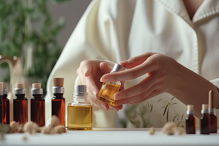 Female hands with bottles of essential oil on table in spa salonの素材