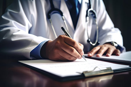 Close up image of male doctor filling up medical form at deskの素材