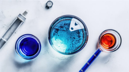 Chemical laboratory test tubes with blue and red liquidの素材