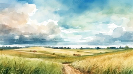 Landscape with meadow, road and clouds. Digital paintingの素材