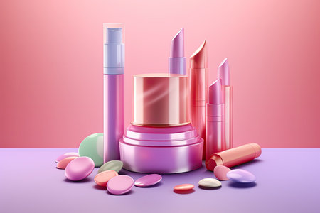 Lipsticks and lip gloss on pink backgroundの素材