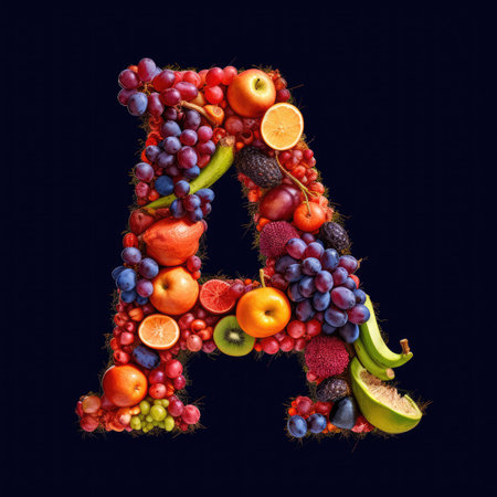 This image showcases a unique and innovative text effect where the letter A is made entirely of sliced grapesの素材